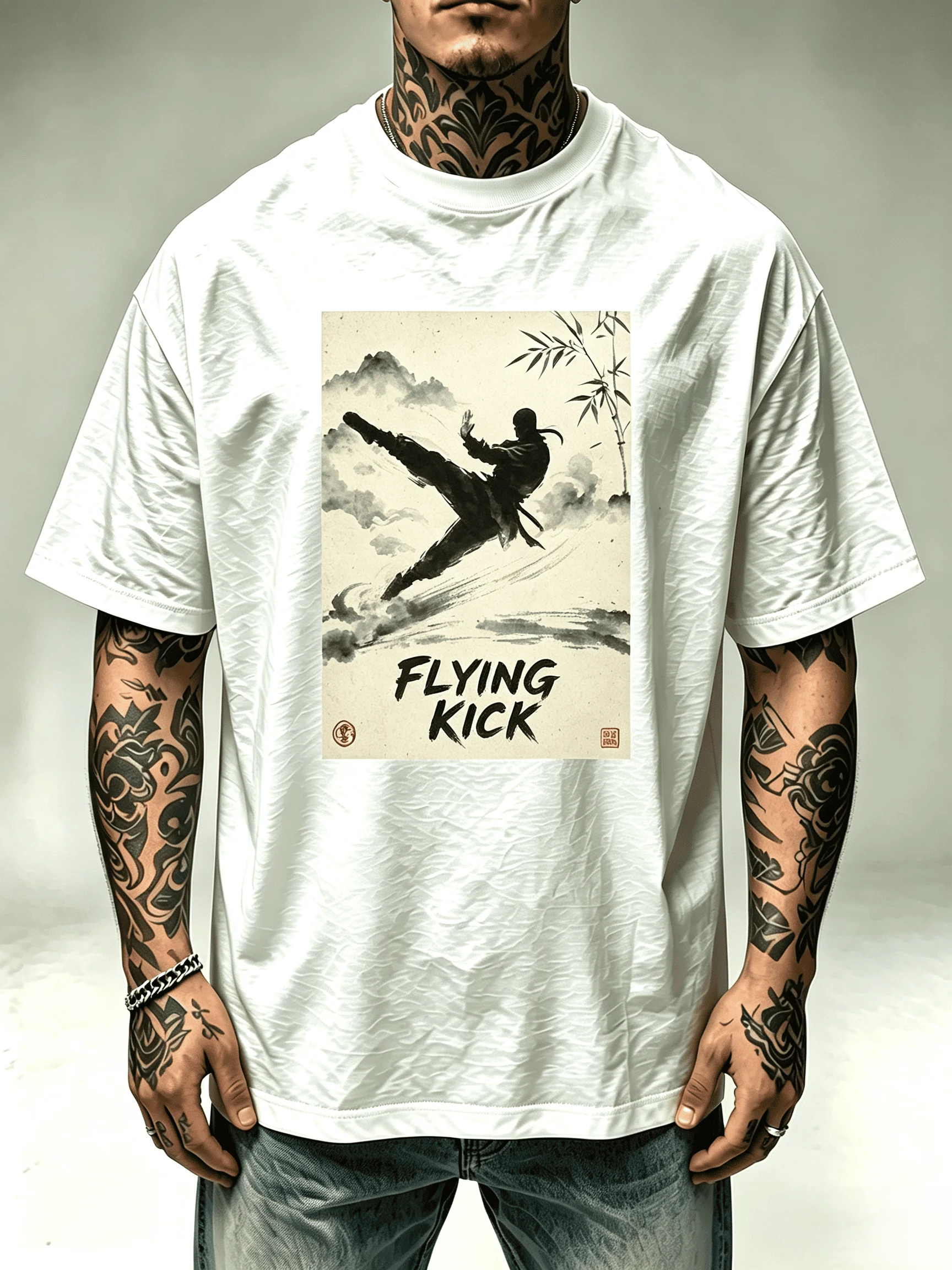 Unisex Flying Kick Chinese Ink Kung Fu Fighter T-Shirt Men Women Oriental Bamboo Mountain Martial Arts Print Oversized Short Sleeve Street Tops