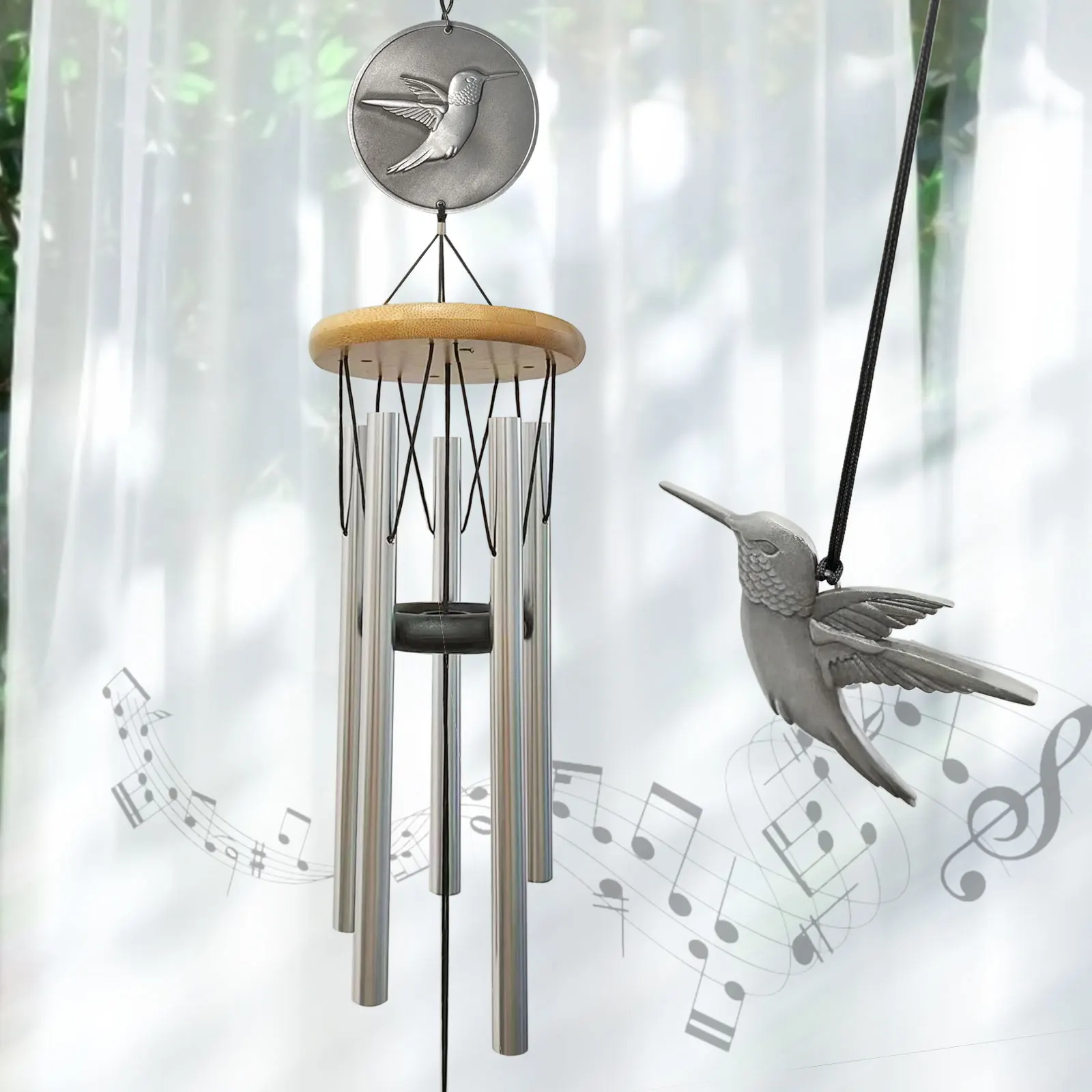 THEYUFA hummingbird Wind chimes bright silver 29 in(about 73.6 cm) commemorative wind chimes Garden patiodecoration unisex gift