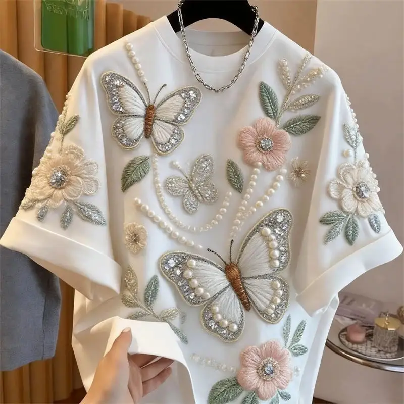 High-end  Bead Flower Embroidery Loose Short Sleeved T-shirt 2026 Summer New Lazy Style Casual Top Men's and Women's Clothing