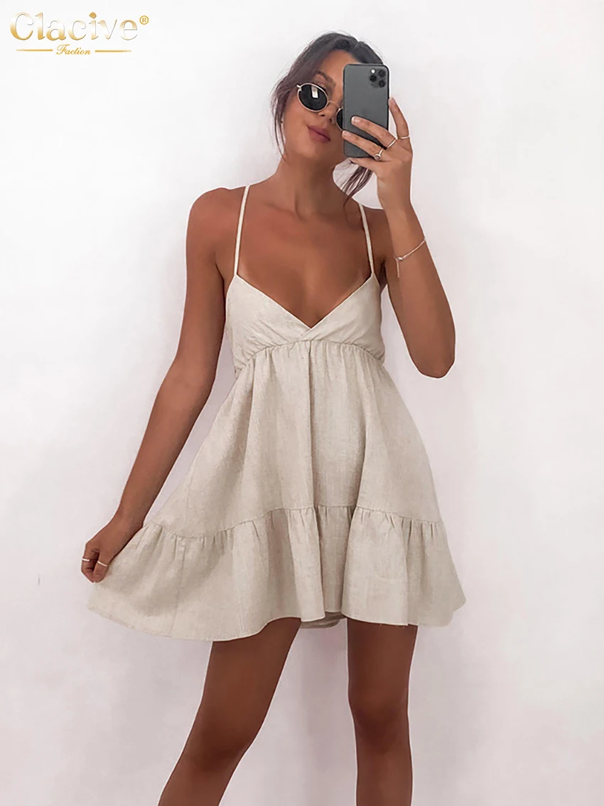 Clacive Sexy Spaghetti Strap Khaki Linen Dress Lady Summer Bodycon Sleeveless Mini Dress Elegant Backless Dresses For Women 2022