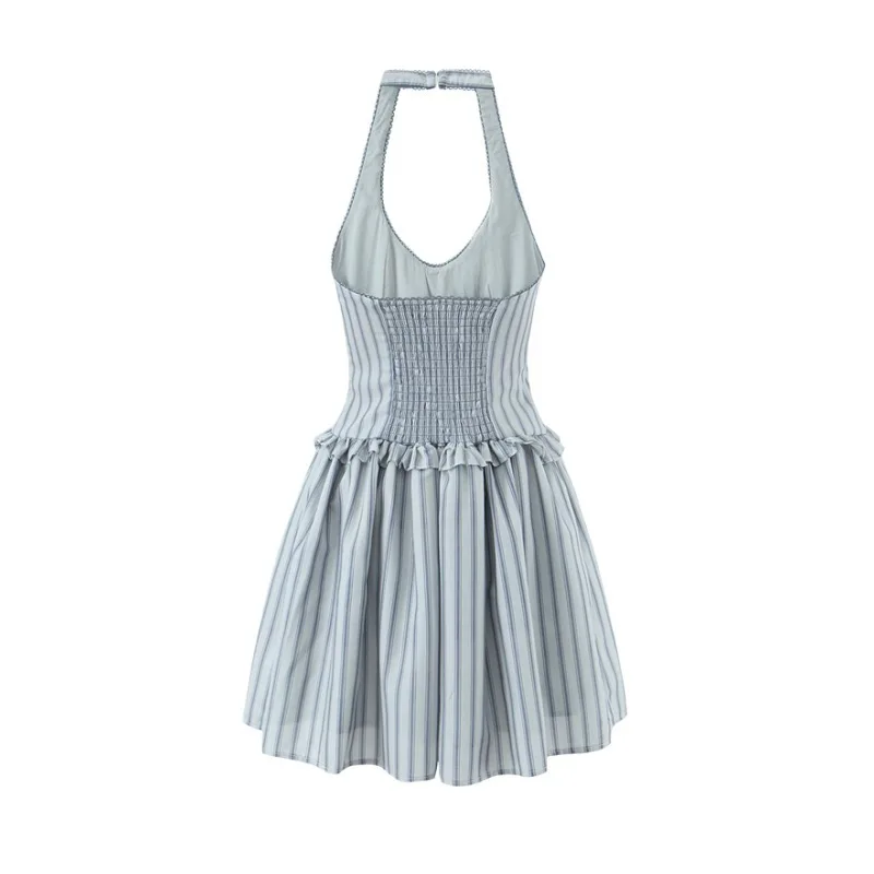 2026 Sexy Low-Cut Halter Neck Strap Dress With Front Bow Decoration Striped Patchwork And Ruffled Puffy Short Dress Elegant G4YX