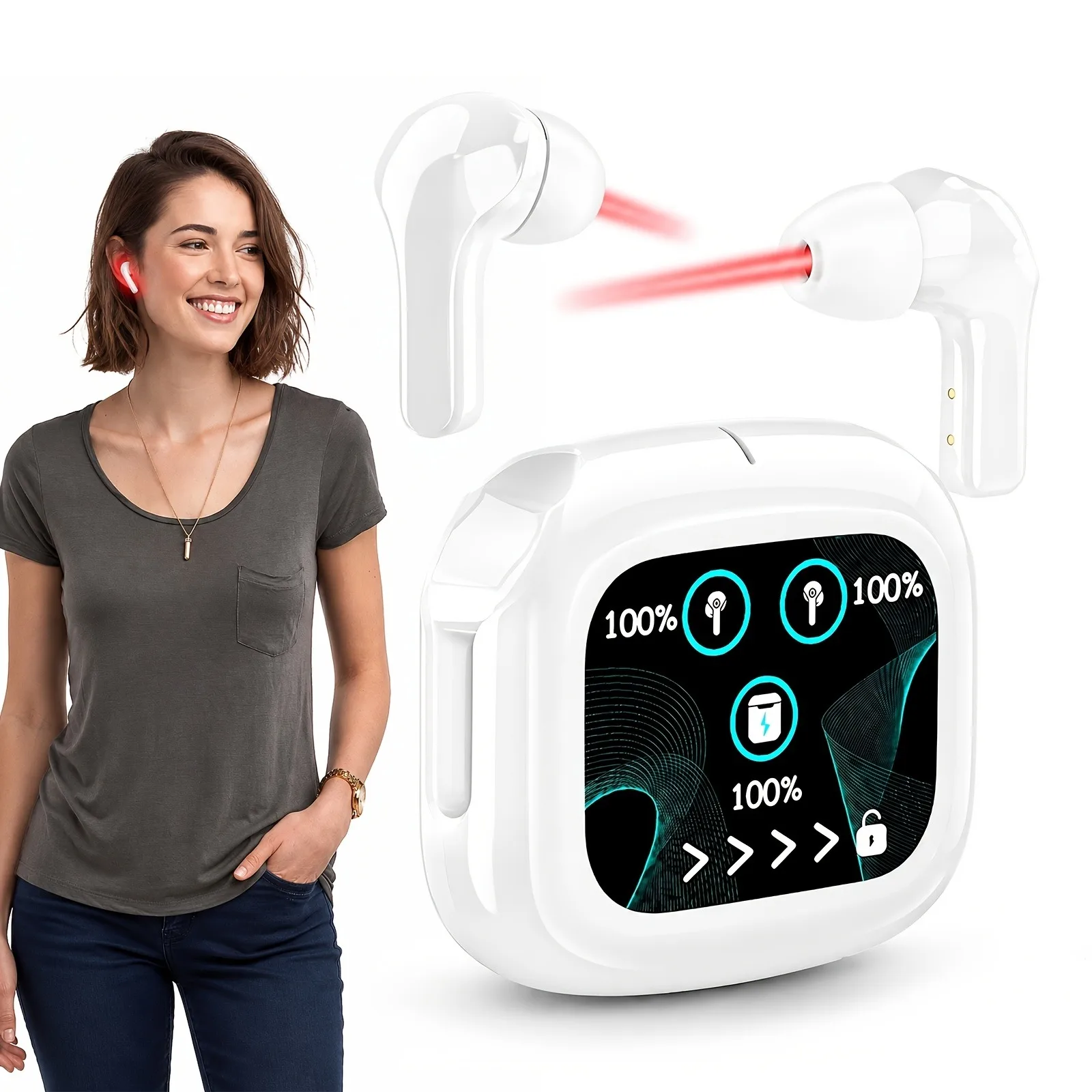 Cordless 650nm Ear Light Device for Tinnitus Otitis Media Deafness Wireless Ear Nasal Irradiation Device Smart Display Charging Case 3 Power Levels 5mW 8mW 10mW 10/20/30 Minute Timer Settings Rechargeable Earbuds for Home Personal Wellness Routine