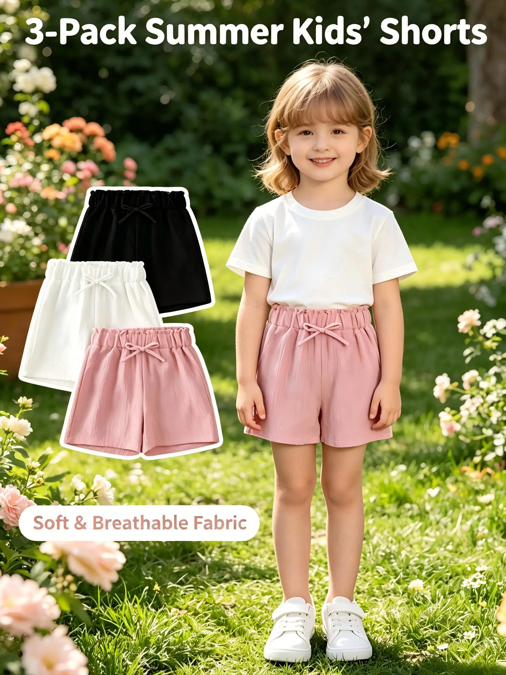 3-teiliges Set: Leichte, atmungsaktive Shorts für Kleinkinder (2-11 Jahre) mit elastischem Bund und Schleifendekor – Sommerliche Freizeitshorts für den Alltag – Detail 2