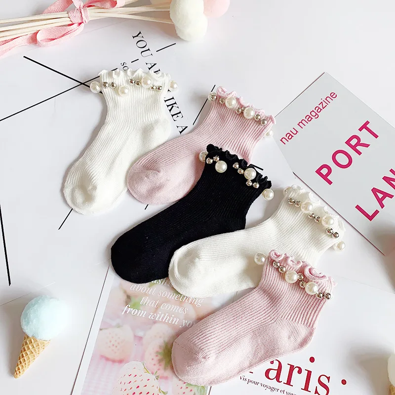 Kids Socks Sweet Bowknot Pearl Lace Stockings Girl Princess Wind Lolita Heap Socks Children Knee High Sock chaussette