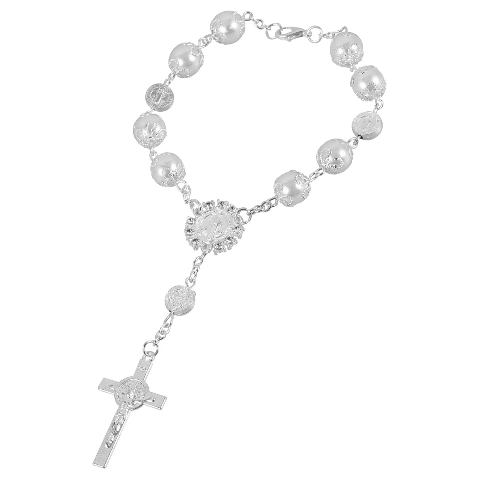 Car Rosary Bracelet Hanging Accessory Alloy Unique Cross Pendant Rearview Mirror Charm Decoration for Car Interior Universal Fit