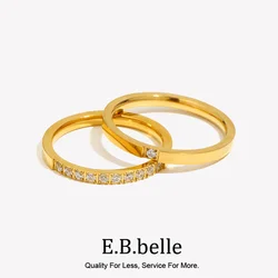 E.B.belle AAA CZ Filled Thin Gold Rings For Unisex Female Water Resistant Crystal Ring Gold Plated Stainless Steel Ring