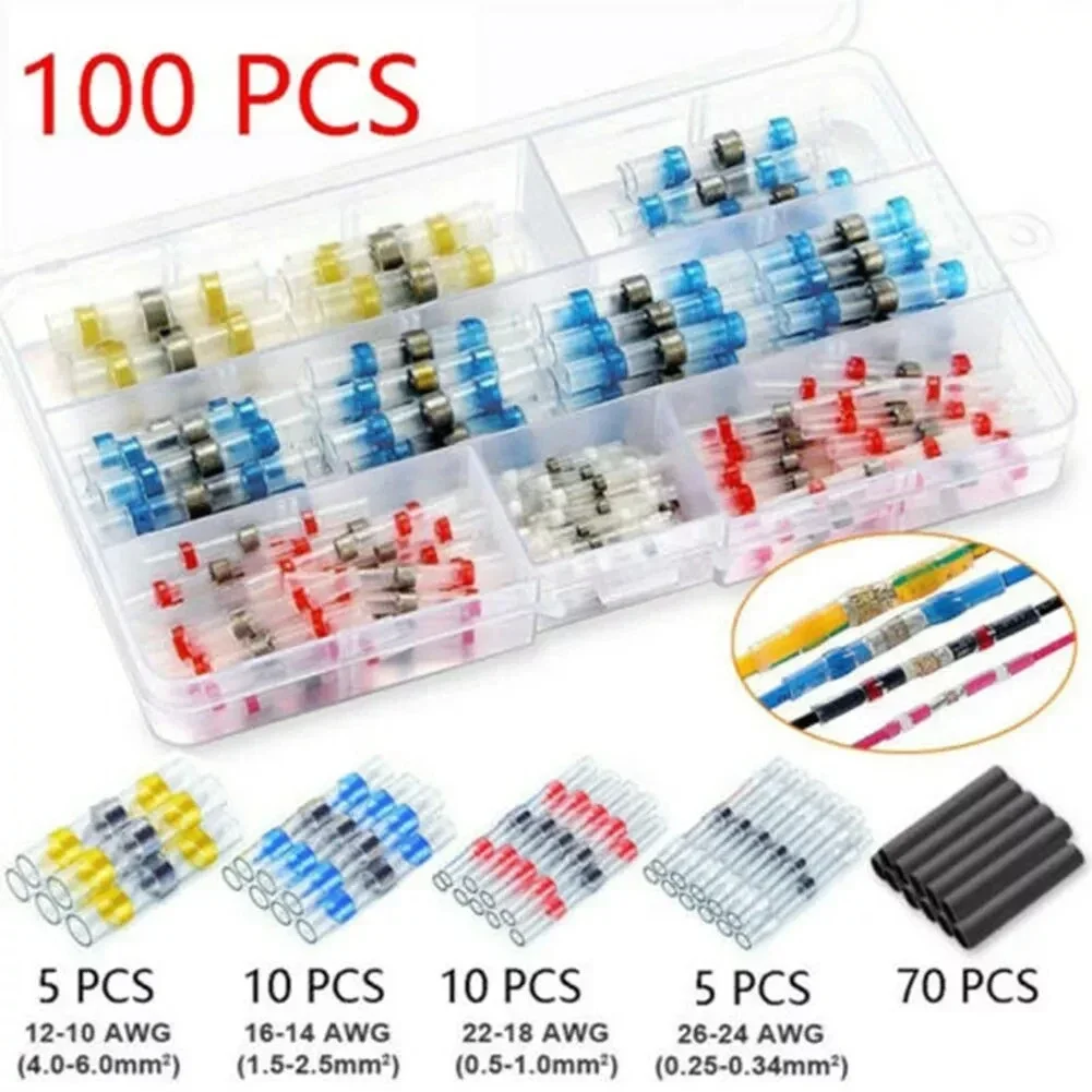 

100Pcs Solder Seal Wire Connectors Heat Shrink Solder Butt Insulated Connectors Solder Connector Kit Automotive Marine With Box