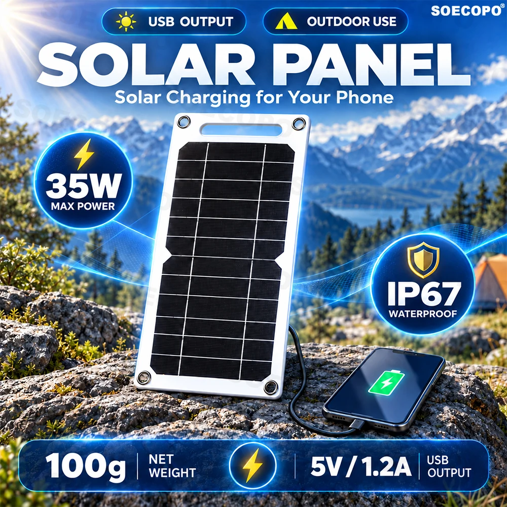 Tragbares Solarpanel 35W Sunpower 5V Solarplatte mit USB, sicheres, stabiles Ladegerät für Powerbank, Handy, Outdoor-Camping, Zuhause, Wohnmobil, Geschenk