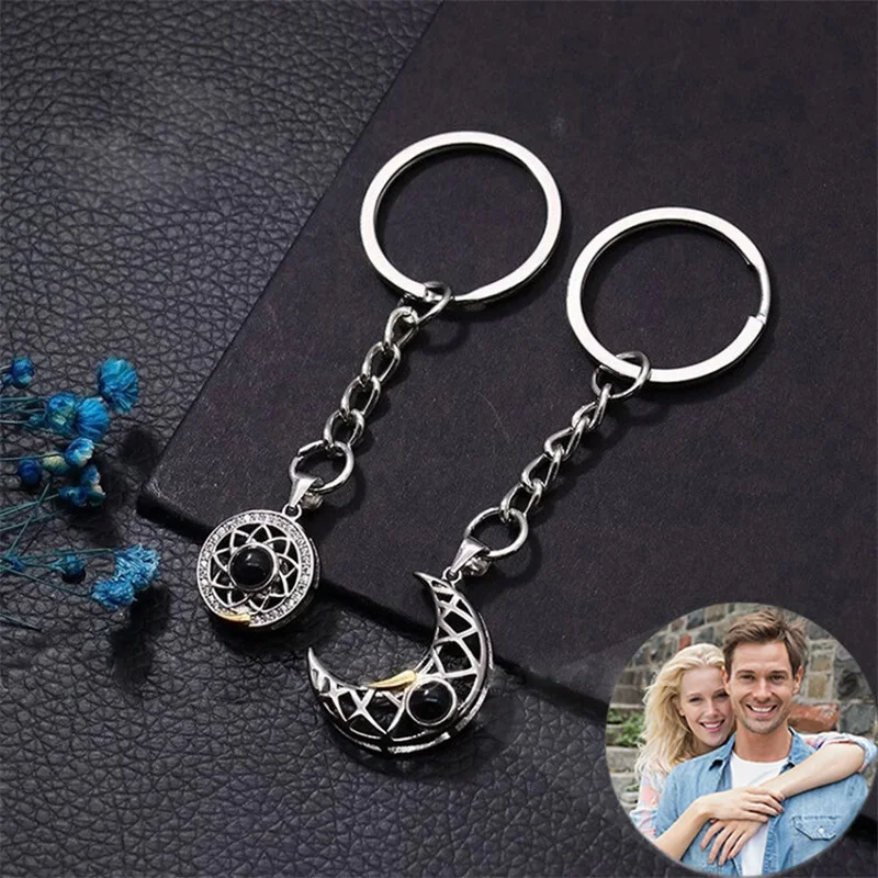 Custom Sun Moon Photo Projection Keychain for Couple Personalized Picture Key Ring Gift For Men Women Memorial Jewelry