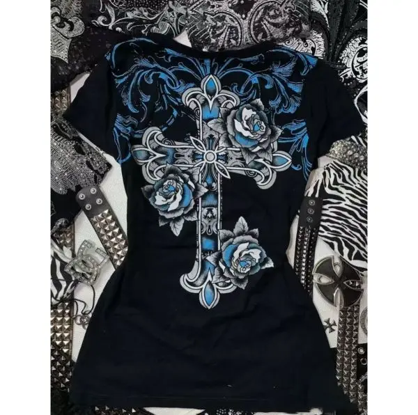 Rock Gothic Streetwear Brief Cross Grafische T-shirts Gyaru 2000s Kleding Harajuku Top Vrouwen V-hals Tees Zoete Y2k Vintage tshirt