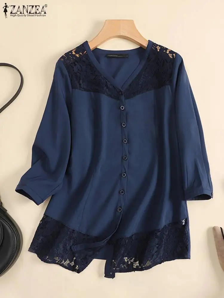 ZANZEA Spring Lace Patchwork Blouse 3/4 Sleeve V-Neck Tops Female Casual Loose Blusas Elegant Vintage Solid Color Shirts 2023