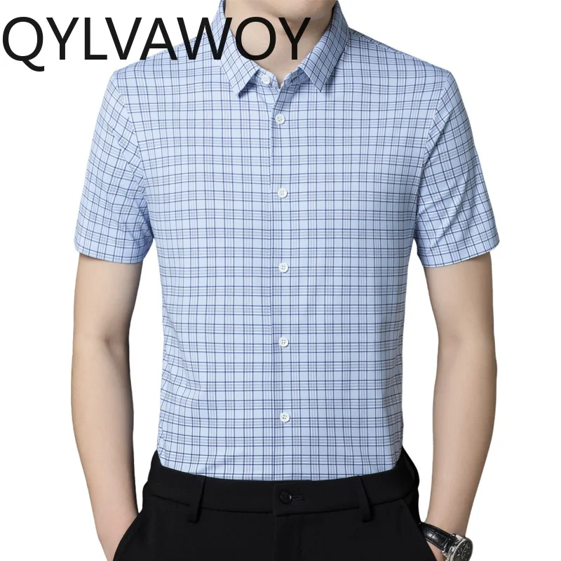 QYLVAWOY New Fashion Man's Shirt Summer Clothes 2024 Business Casual Tops Short Sleeve Thin Shirts for Men Plaid Mens Shirts
