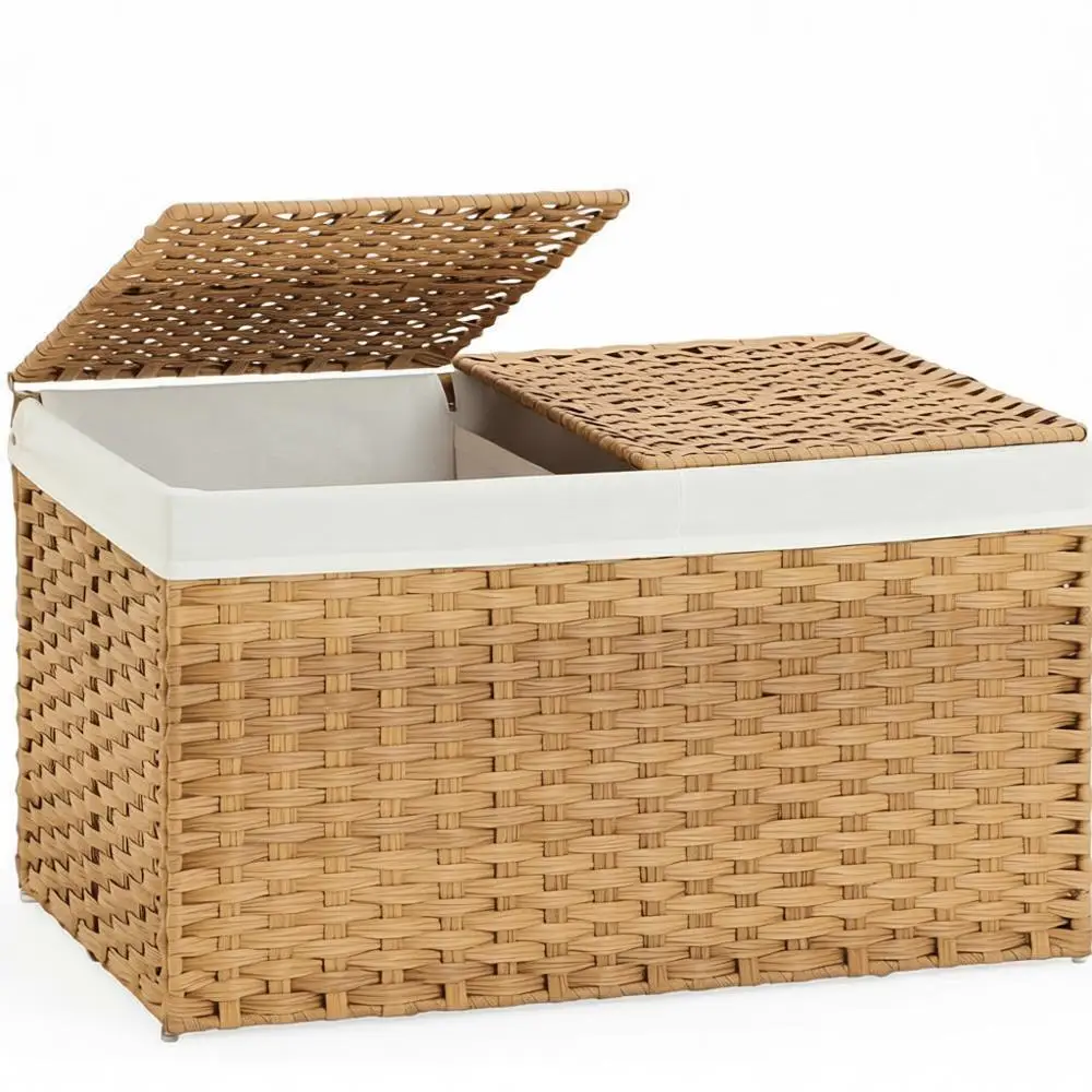 

Rattan Woven Storage Basket with 2 Lids, 17.2 Gallon, 65L, 22x13x13.8in, Foldable, Removable Liner Bags, Bedroom, Laundry Room,
