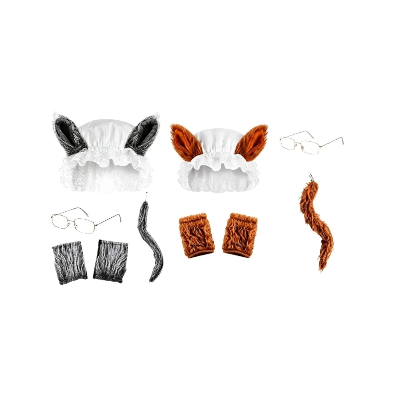 DXAE Wolf Role-Play Set with Ruffled Bonnet and Upright Furry Ears for Cosplay Party