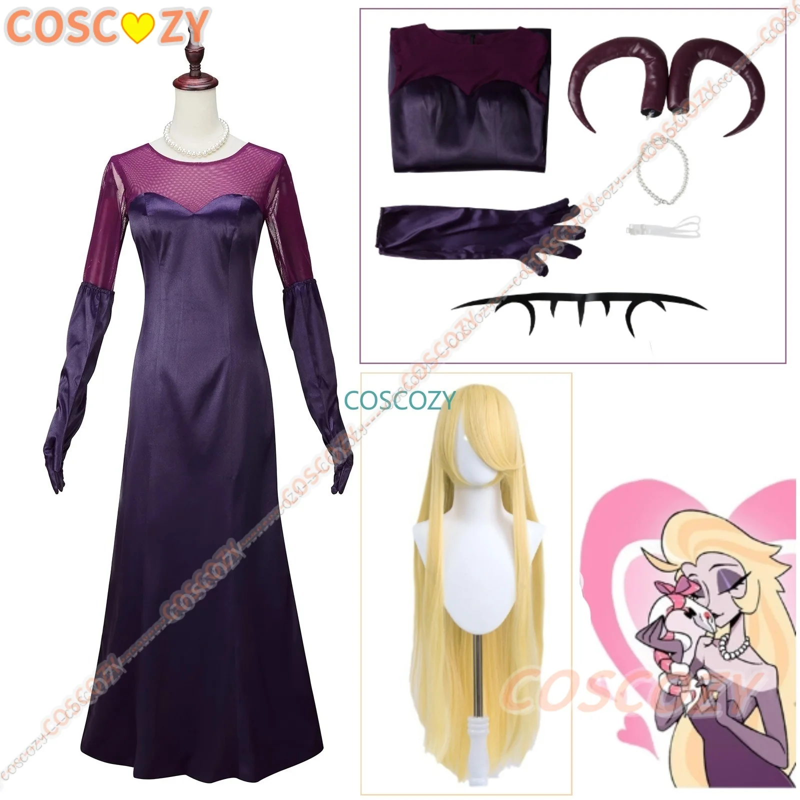 Lilith Anime Hazbin Cartoon Cosplay Costume pour femme, robe, collier, gants, couronne, tenues d'hôtel, tenues d'Halloween, déguisement de carnaval