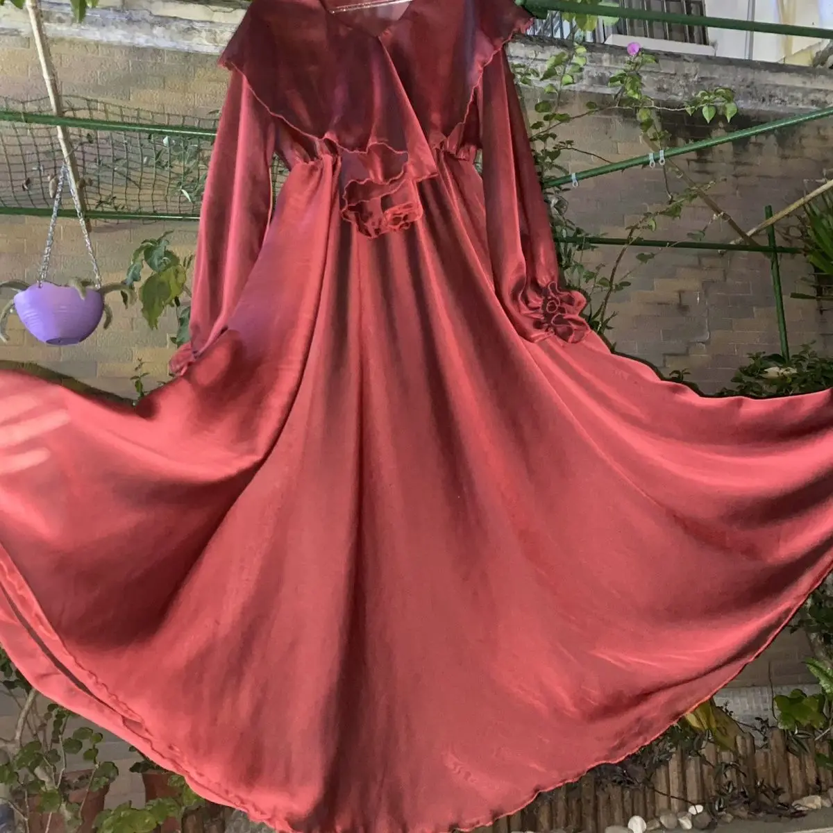 

Glossy Wine Red Ruffles Women Tulle Mesh Loose Long Dress Plus Size Elegant Sleeping Robe