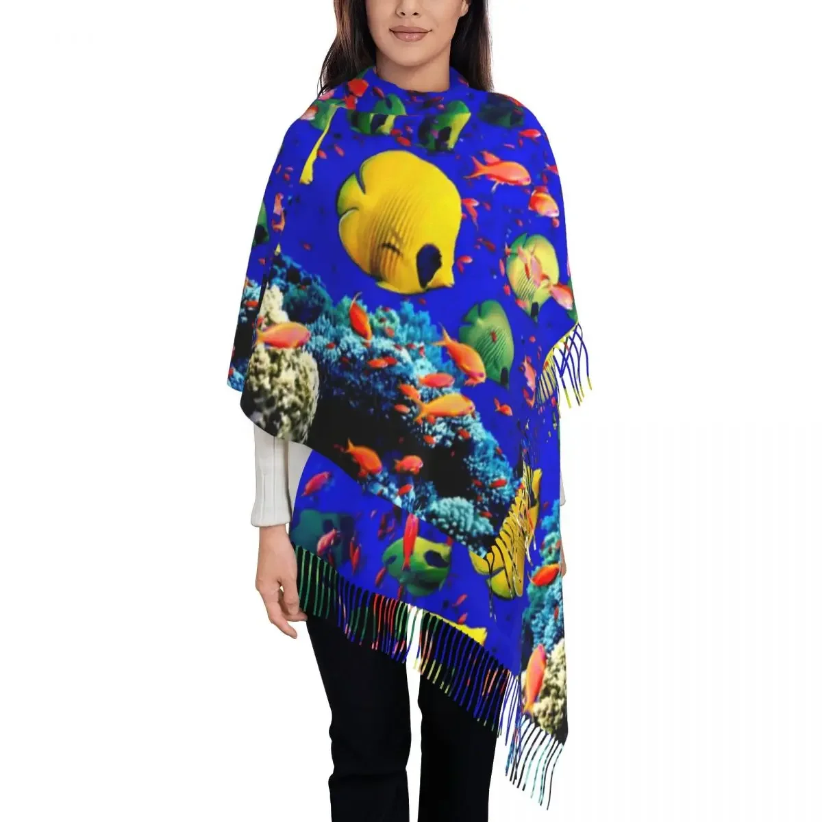 Tropical Marine Print Scarf Colorful Fish Warm Soft Shawls and Wrap with Tassel Womens 2024 Head Scarves Autumn Designer Foulard