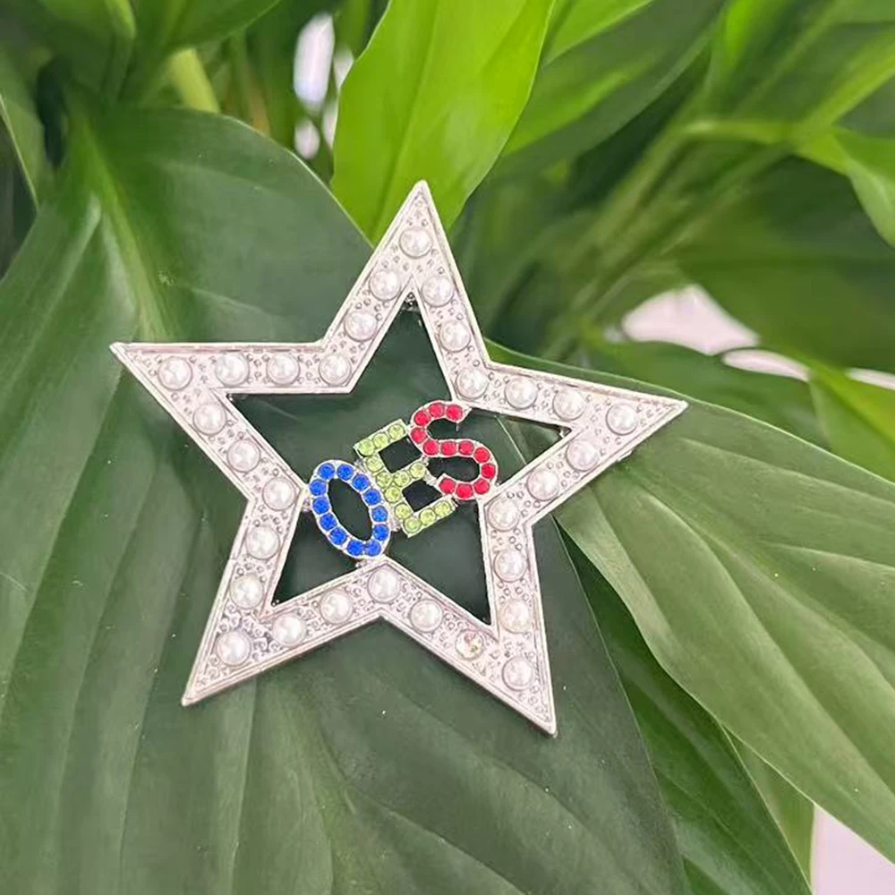 أحدث اللؤلؤ الأبيض حجر الراين الخماسية نجمة الماسونية النظام من النجم الشرقي اليونانية نادي نسائي OES رسالة مجوهرات بروش دبوس #6