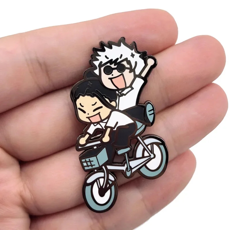 Anime JJK Gojo Geto riding bicycle Metal Enamel Brooch Cute Cartoon Pin Accessories