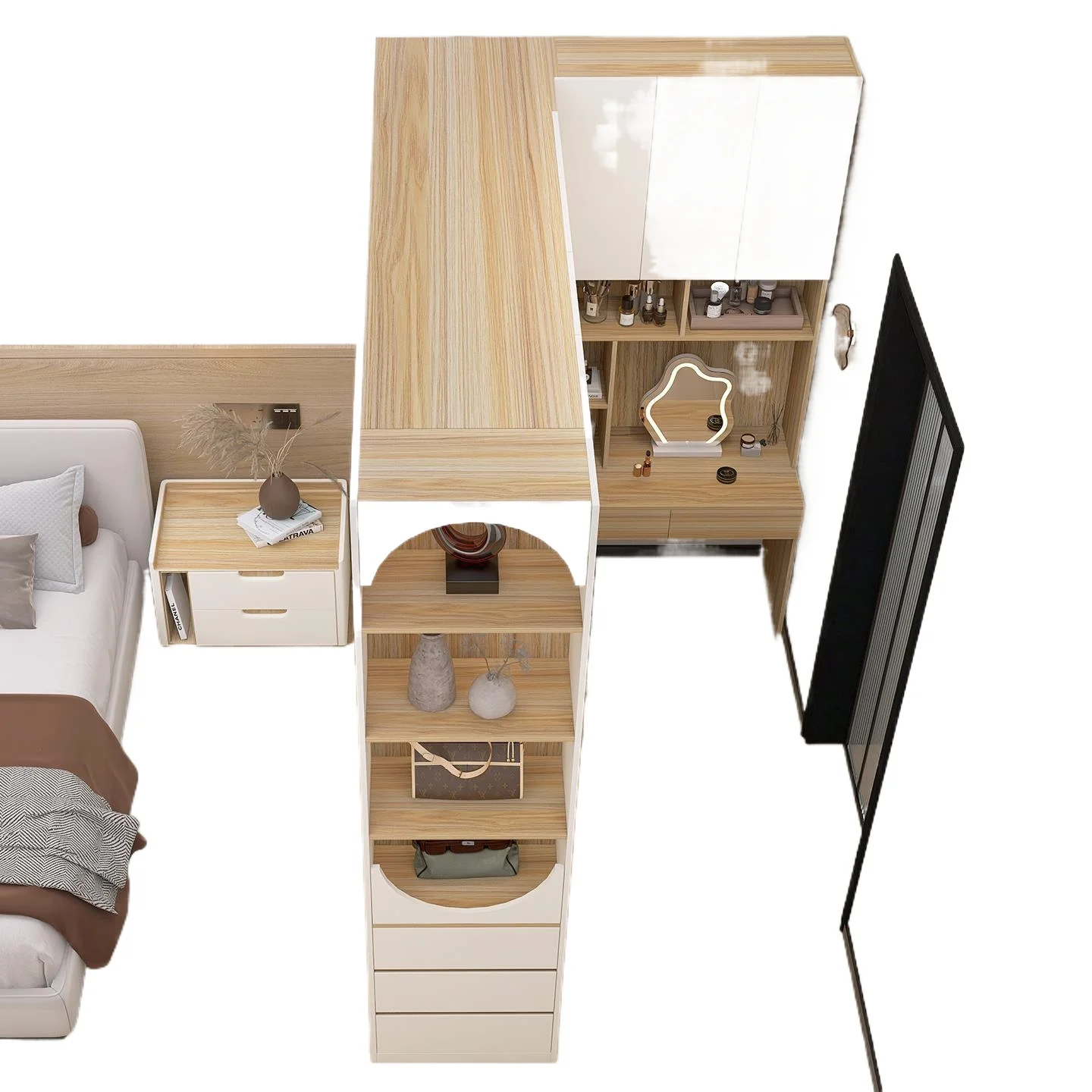 

Bedroom partition wardrobe with dresser integrated against the wall Master bedroom corner cabinet Cloakroom L type