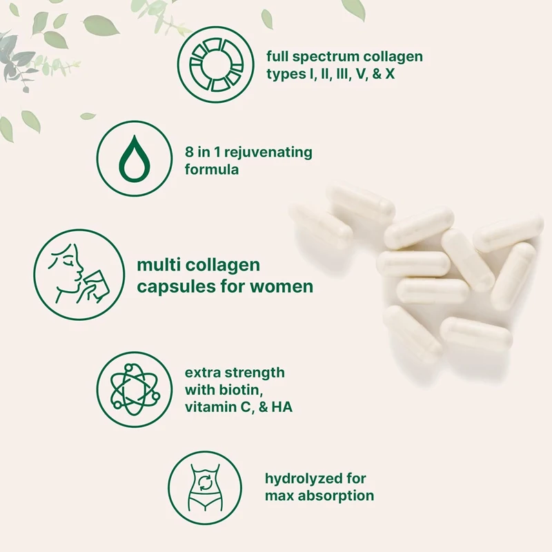 Hydrolyzed multi collagen peptide protein capsules - I,  II, III, type V containing biotin, vitamin C, hyaluronic acid