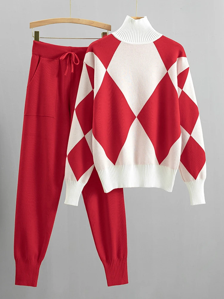 LANMREM Fashion Knited Set Women\'s Turtleneck Plaid Sweater With Drawstring Elastic High Waist Pants Autumn Casual 2Z2433