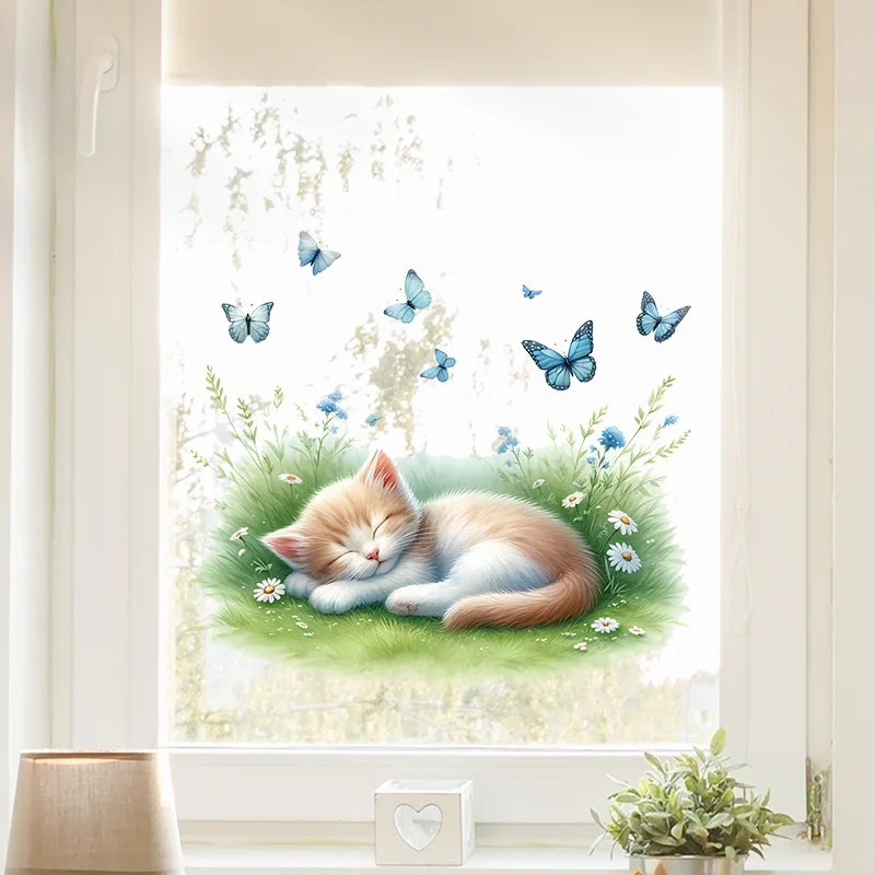 ملصق ديكور زجاجي على شكل قطة من المراعي لغرفة الأطفال، ملصق حائط لخلفية حيوان لطيف، ذاتي اللصق وقابل للإزالة