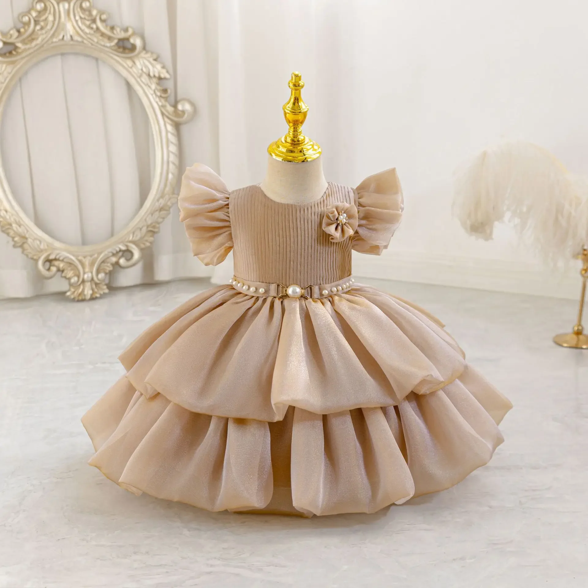 Pearls Sashes Baby Girl Party Dress Puffy Sleeve Toddler First Birthday Princess Layered Wedding Prom Ball Gown