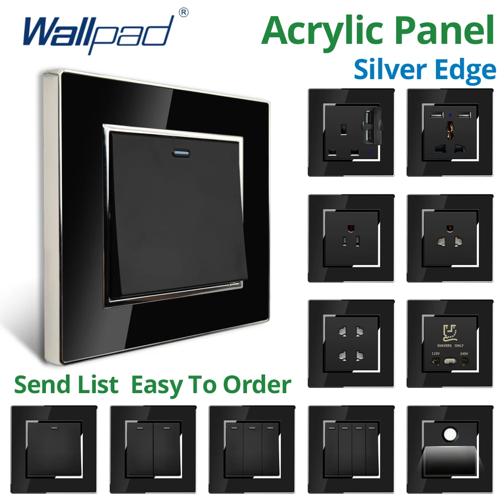 Wallpad แผงอะคริลิคสีดําขอบเงิน 1/2/3/4 GANG ซ็อกเก็ตไฟฟ้าและสวิทช์ US UK USB Outlet เครื่องโกนหนวดปลั๊ก