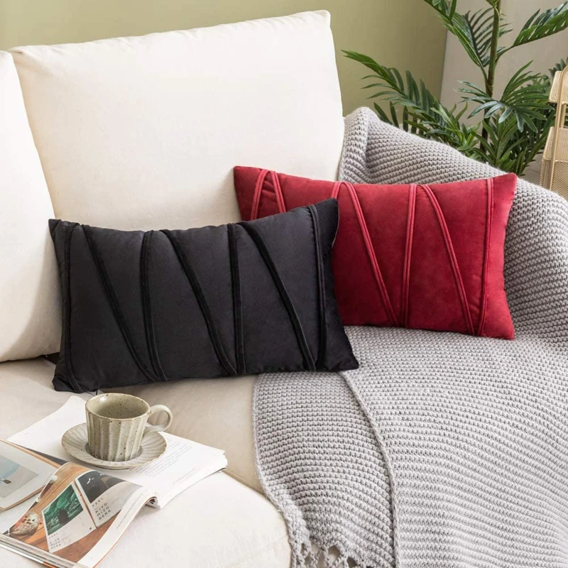 2PCS 30X50CM Black Red Stripe Velvet Throw Pillow Cover Boho Farmhouse Orange Cushion Cover Modern Throw Square Cozy Pillowcase
