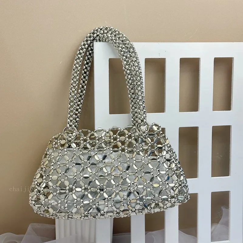 

Bling Sparkling Inner Bag Handbags for Women 2024 Vintage Metal Sheet Handwoven Fashion Beaded Women's Shoulder Underarm Bags