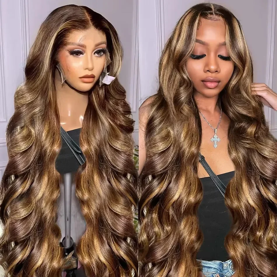 

13x4 Highlight Ombre Body Wave Wigs Human Hair P4/27 Blonde Brown Colored Lace Frontal Wig Preplucked Lace Wig 200% For Women