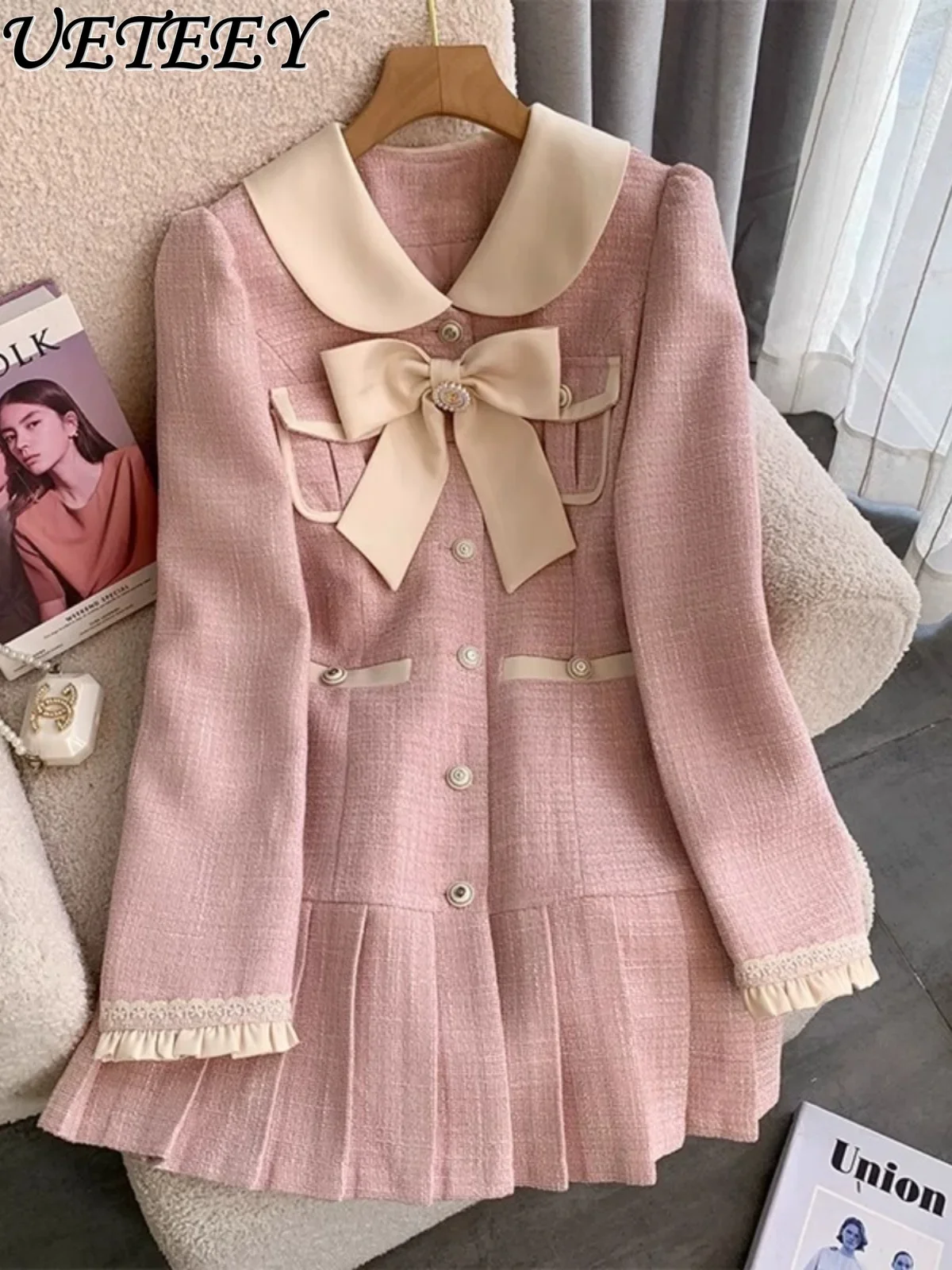 High-end Exquisite Pink Tweed Dress Female Sweet Bow Temperament 2024 Autumn and Winter New Celebrity Waist Pleated Dress Women