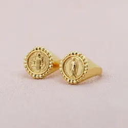 Simple Versatile Plated Gold Copper Round Shape Virgin Mary Religious Rings Daily Wearing Women Jewelry