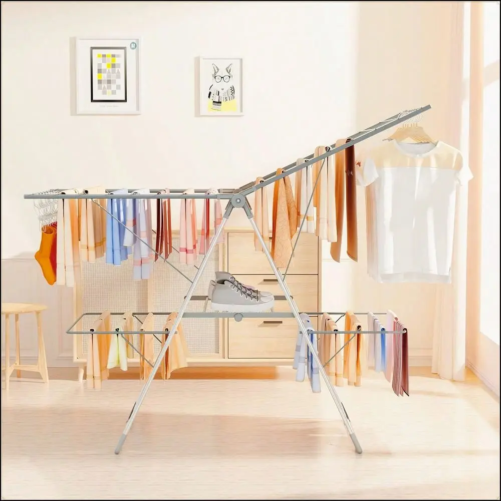Outdoor Clothes Drying Rack Stainl Steel Gray Foldable 2Level With 33 Rails Easy To Store 56.1 L 22.7 W