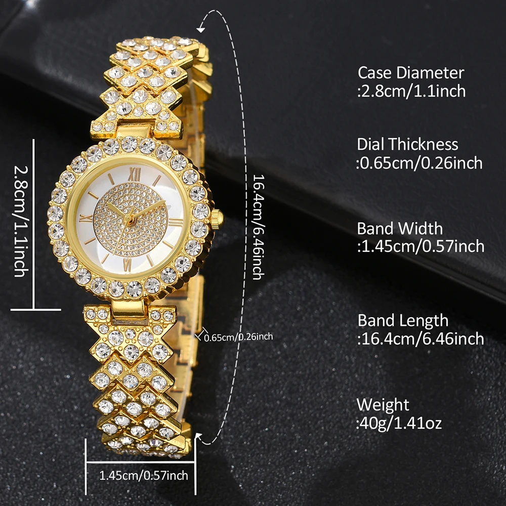 6PCS/Set Women\'s Watch Fashion Rhinestone Roma Dial Quartz Watch Steel Band Wristwatches Diamond JewelrySet