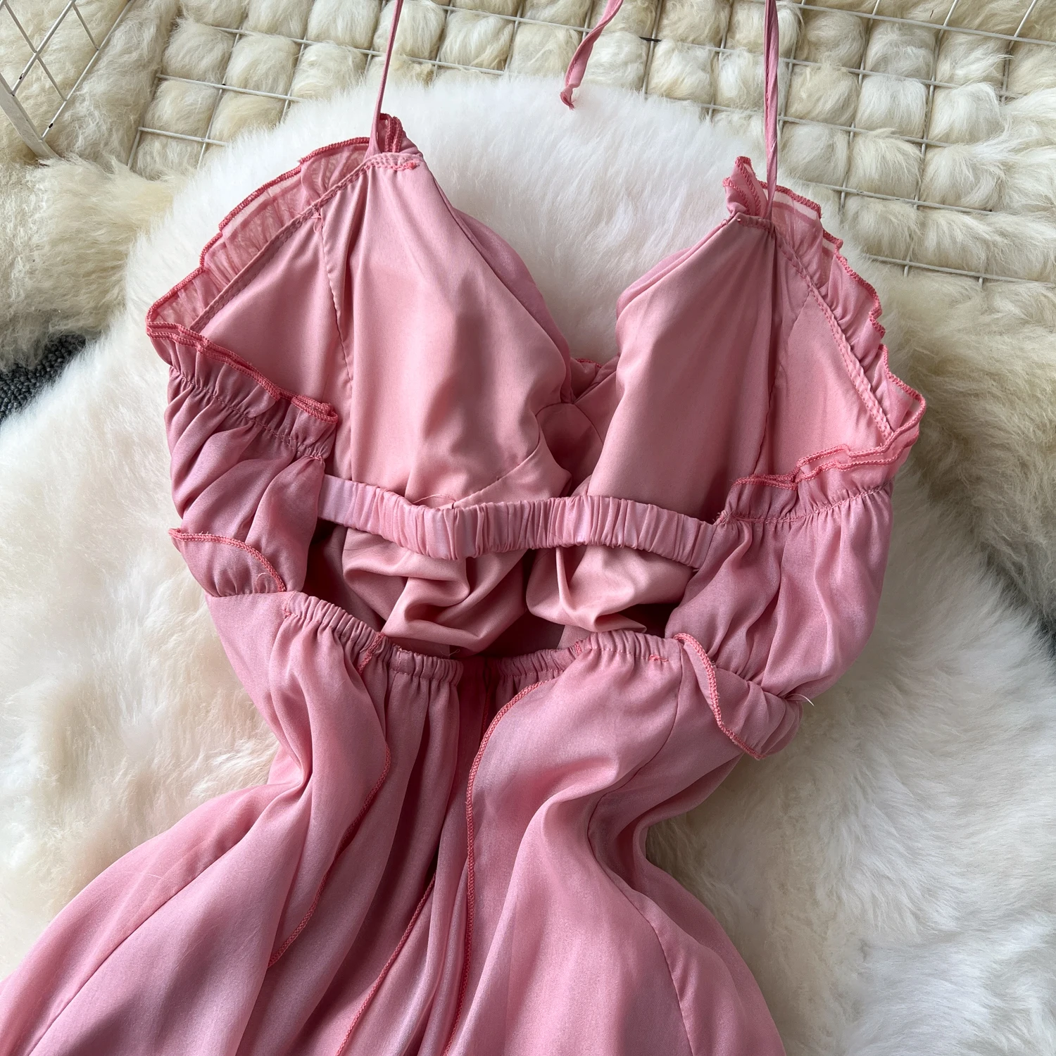 Sexy v neck asymmetrical ruffle chiffon summer halter Dress Chic Vintage Korean Fashion Women Beach Casual Slim dresses