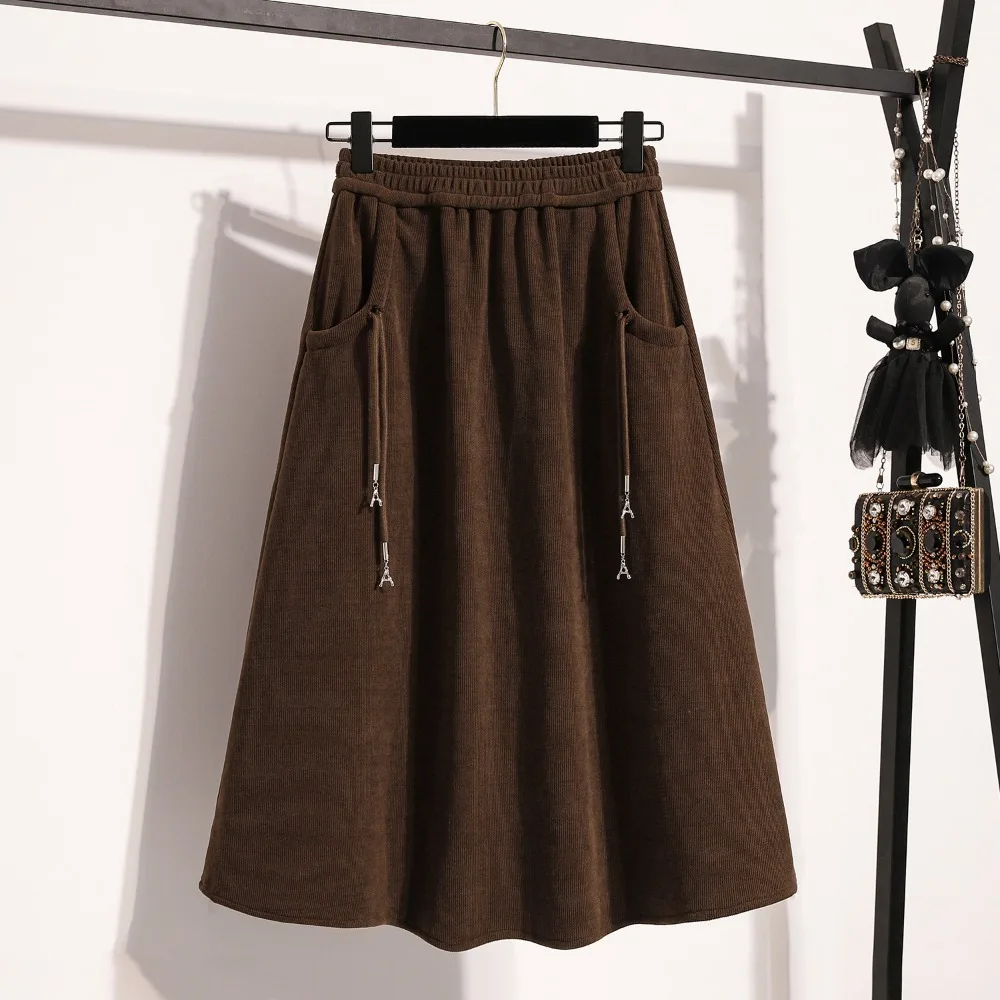 

Повседневные шикарные трикотажные однотонные юбки со рюшами, корейская модная офисная женская основа, осенне-зимняя одежда больших размеров