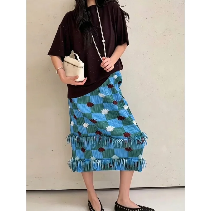 Miyake Pleated 2026 New Vintage Plaid A-Line Skirt Women's Mid-Length Pleated Tassel Pleated Patchwork Straight Skirt Blue Pleat