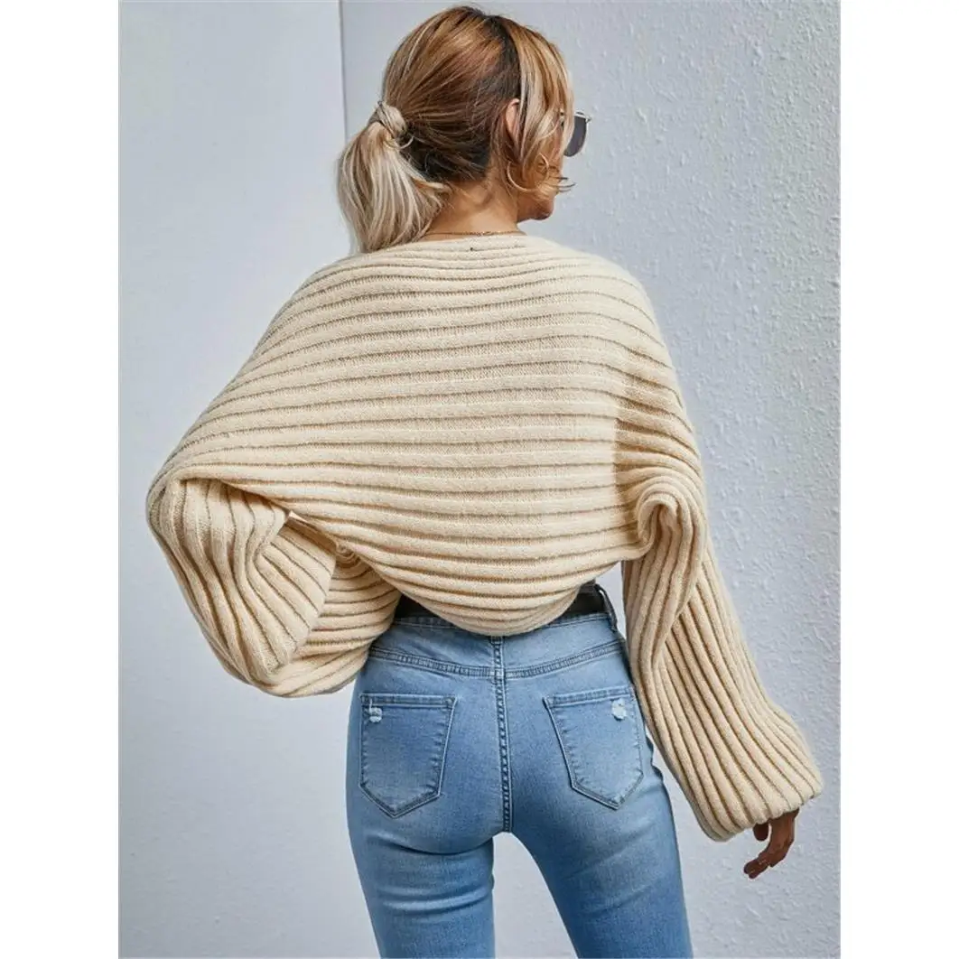 

Вязаный кардиган или свитер женский свободного кроя с рукавами-фонариками из утолщенного полиэстера, однотонный, осенний, модный