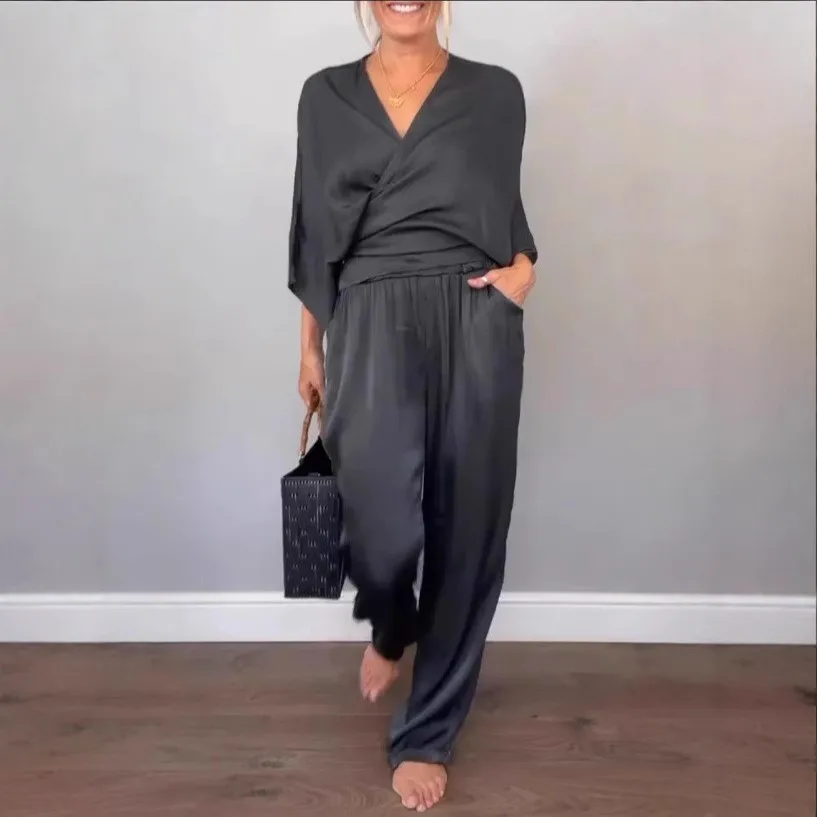 

Black Satin Blouse V Neck Wrap Front Cropped Sleeve Top Rust Five Quarter Sleeve Mercerized Shirt Grey European Style Solid