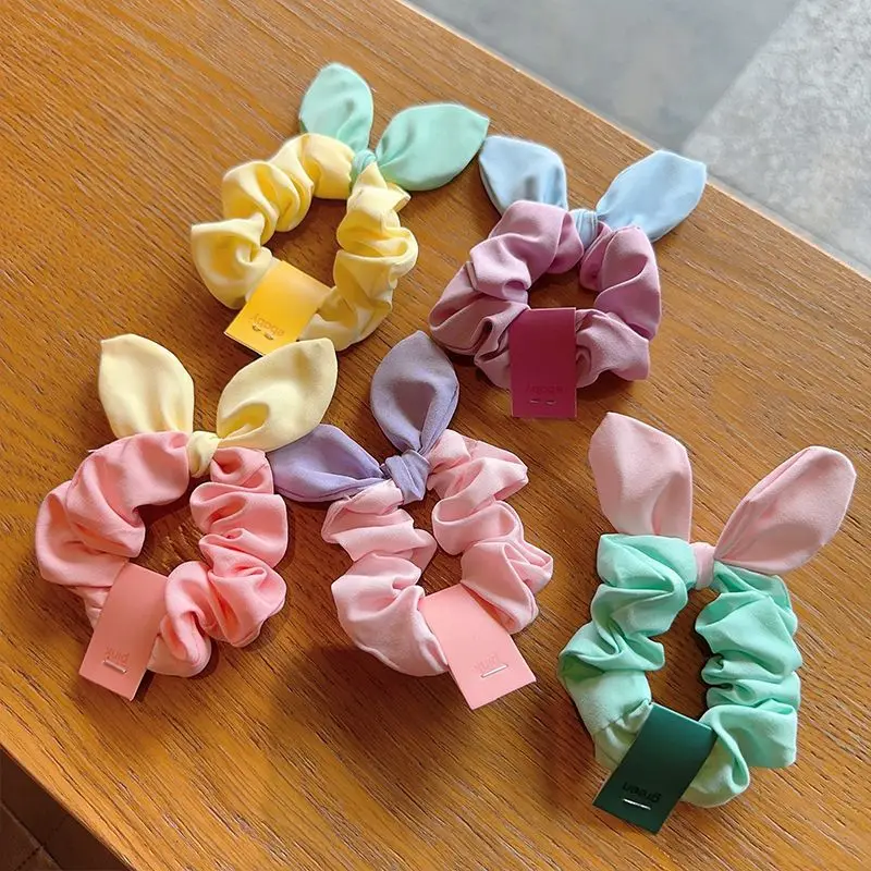 Hair Scrunchies Super Cute Bunny Ears Bow Soft Fabric Elastic Girls Ponytail Bun Spring Summer Party Travel Lightweight