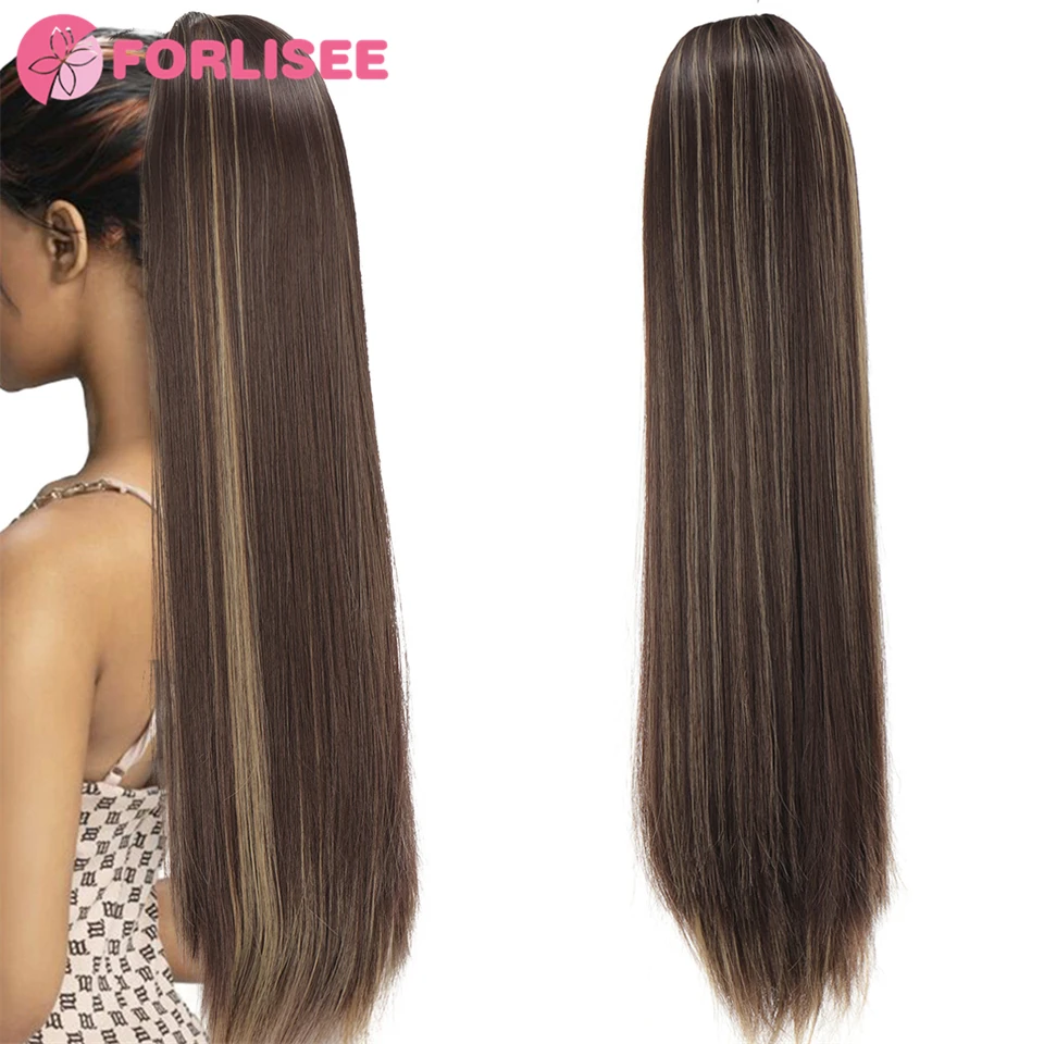 FORLISEE 19.5 Inch Orange Long Straight Hair With Drawstring Ponytail Synthetic Drawstring Straight Ponytail Wig