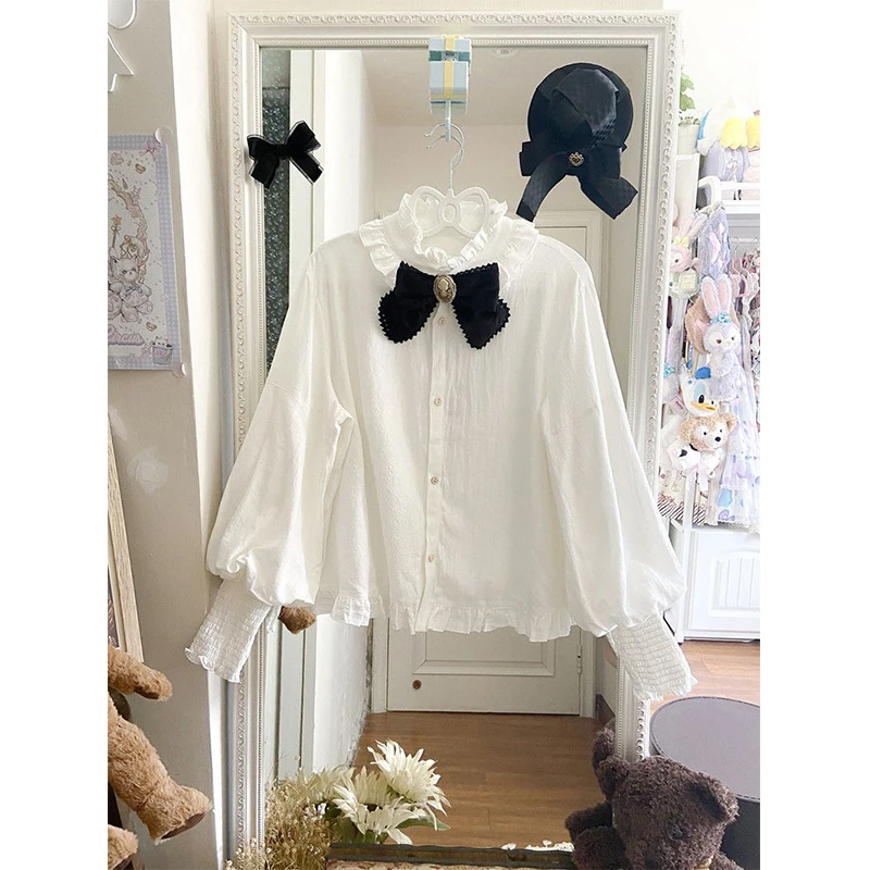 

Japanese Lolita White Shirts Women Kawaii Cute Ruffles Patchwork Blouses Jk Preppy Fashion Long Sleeve Casual All Match Tops New