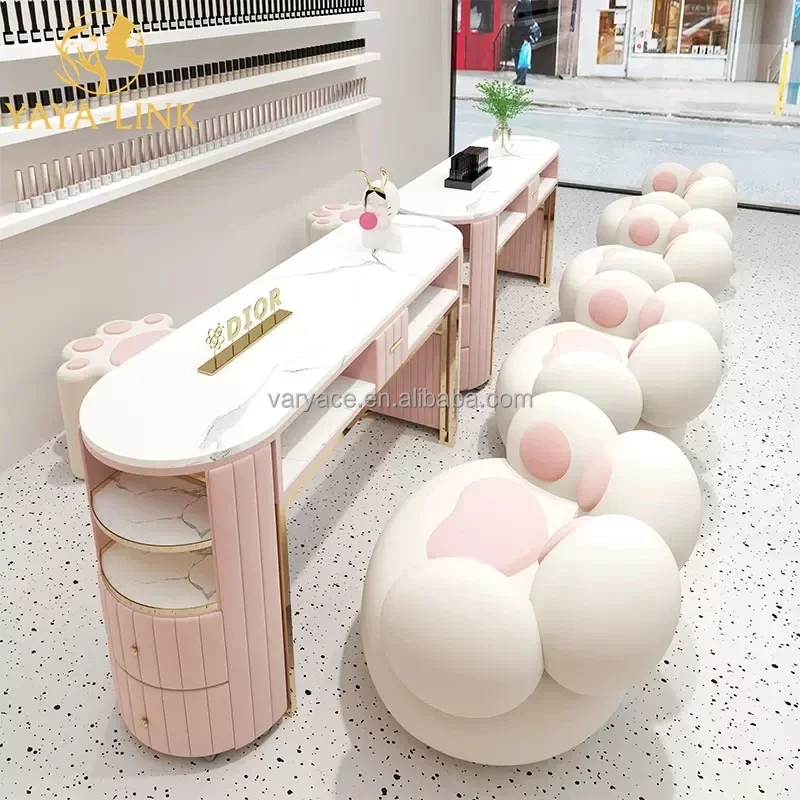 Modern Style Nail Station with LED Lights Metal Tables and Chairs Sets for Nail Salon Furniture