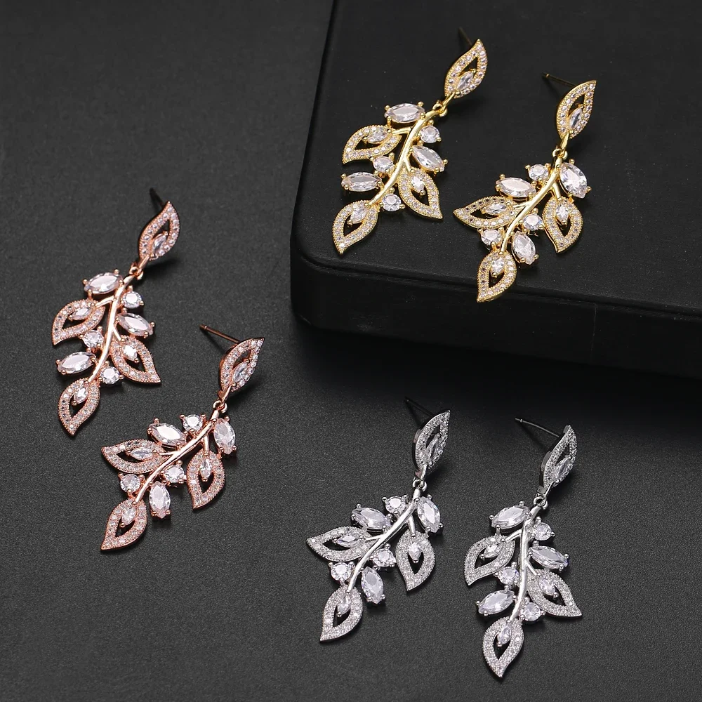 LXOEN Luxury Flower Leaf Zirconia Women Statement Long Drop Earring Wedding Party Bridal Dubai Jewelry Gift Pendientes Mujer