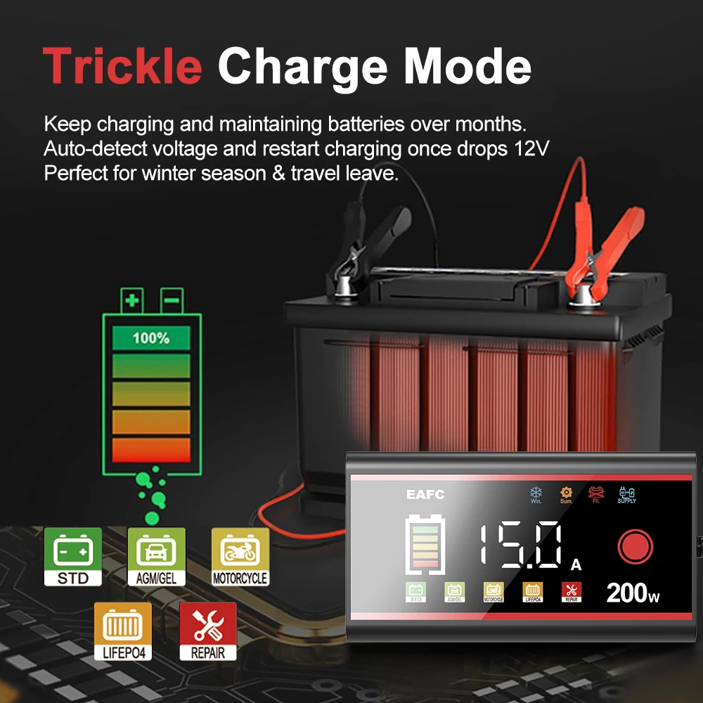 EAFC Große Leistung 200 W 100 W Batterie Ladegerät 12 V/24 V Auto Batterie Ladegerät Smart Pulse Reparatur für Auto LiFePO4 AGM GEL NASS Blei Säure