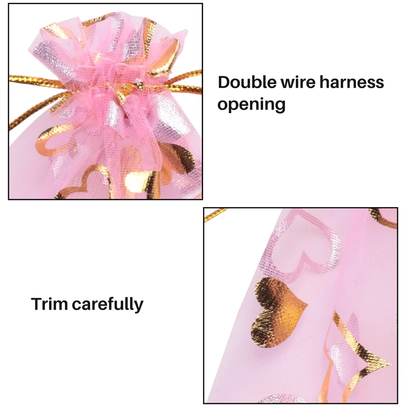 100 PCS 9X12cm Heart Printed Pink Organza Bags Jewelry Pouch Bags Organza Drawstring Pouches Wedding Favors Candy Gift Bags-A07G