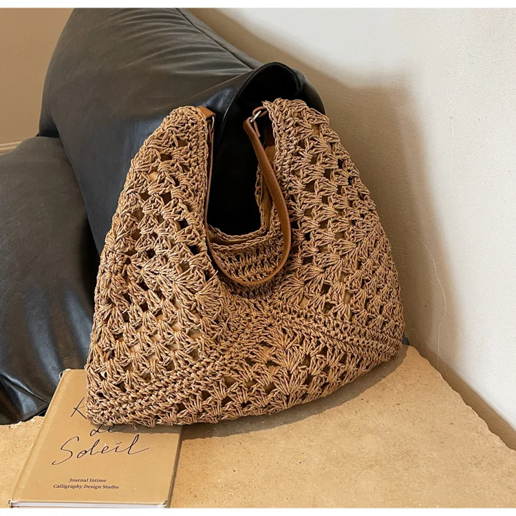 Casual Hollow Straw Women Shoulder Bags Handmade Woven Large Capacity Tote Bag Summer Beach Handbags