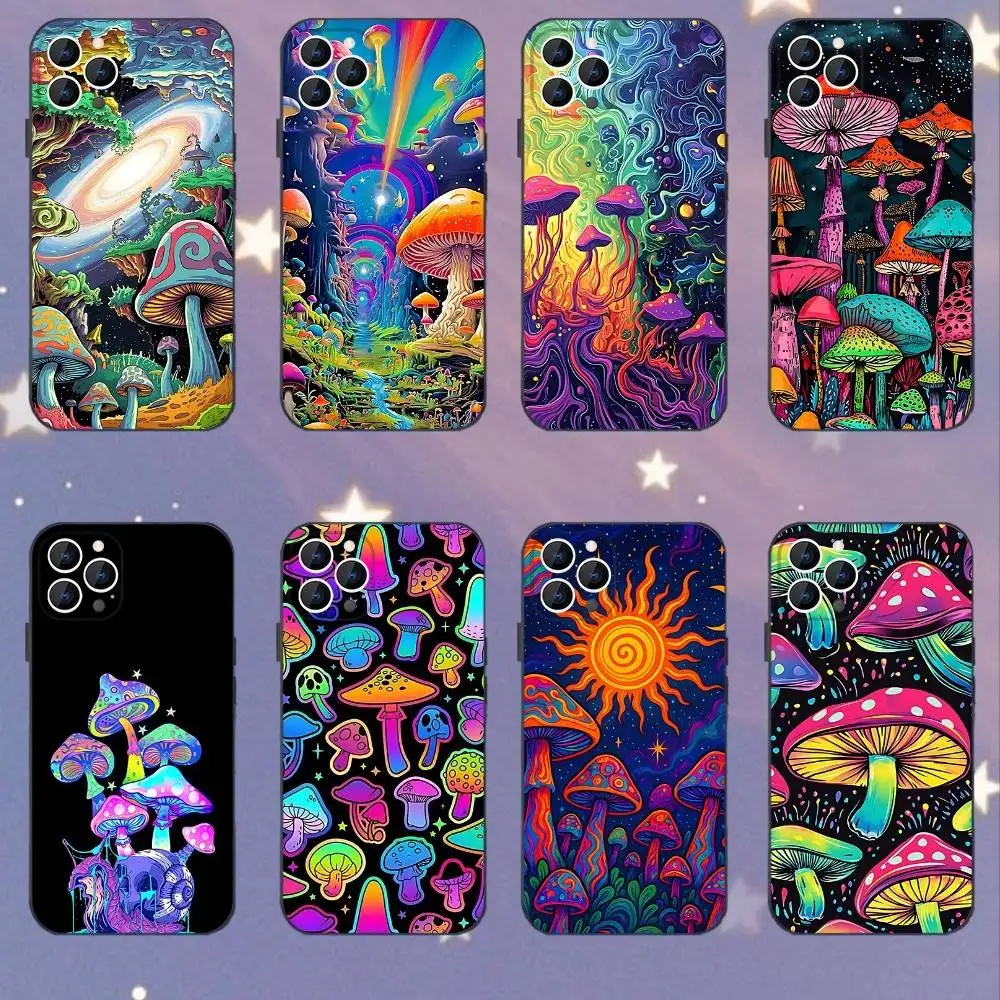 

Colorful Psychedelic Mushrooms Phone Case For iPhone 17,16,15,14,13,12,11,Pro,XS,Max,XR,Plus,E,SE4,Mini Black Soft Cover